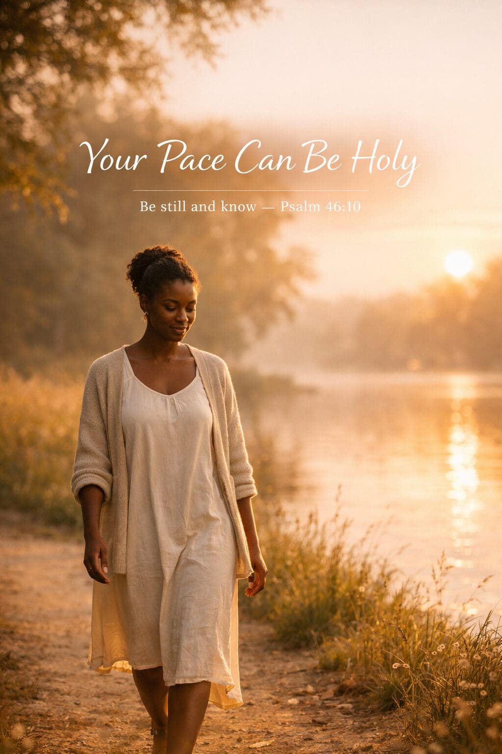 A Black woman walking peacefully along a lakeside path at golden sunrise, with the text Your Pace Can Be Holy and Psalm 46:10