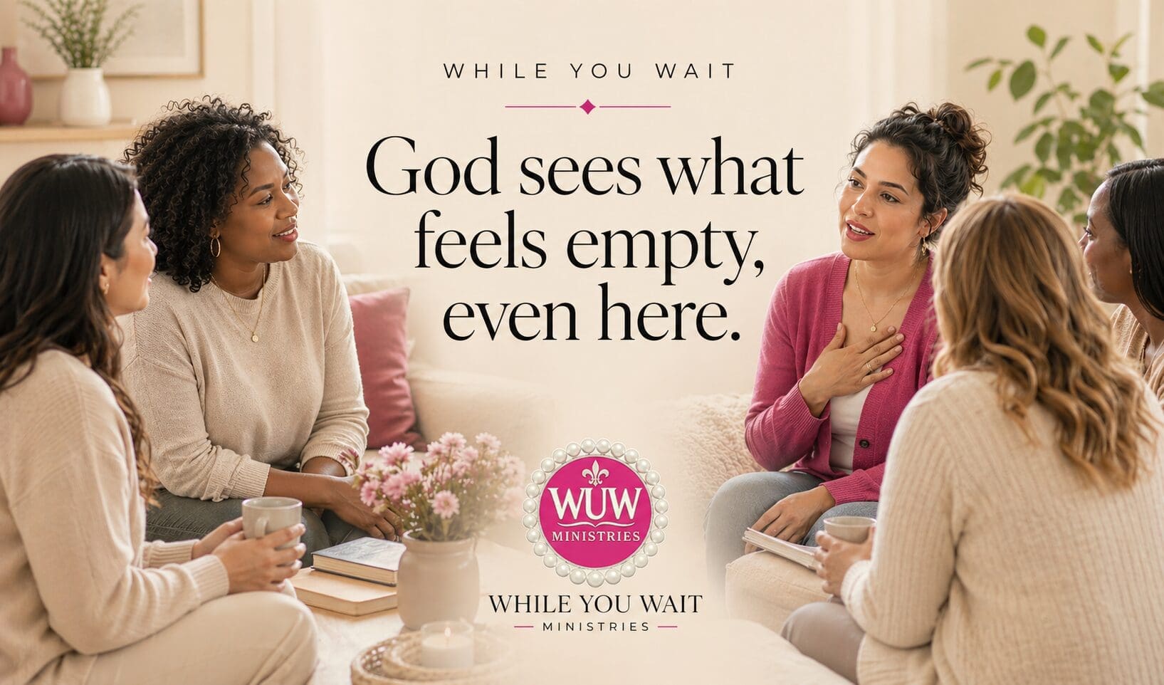 A diverse group of women sitting together in a warm, welcoming space, sharing a quiet moment of connection and support. The image reflects community, emotional safety, and being seen without pressure.