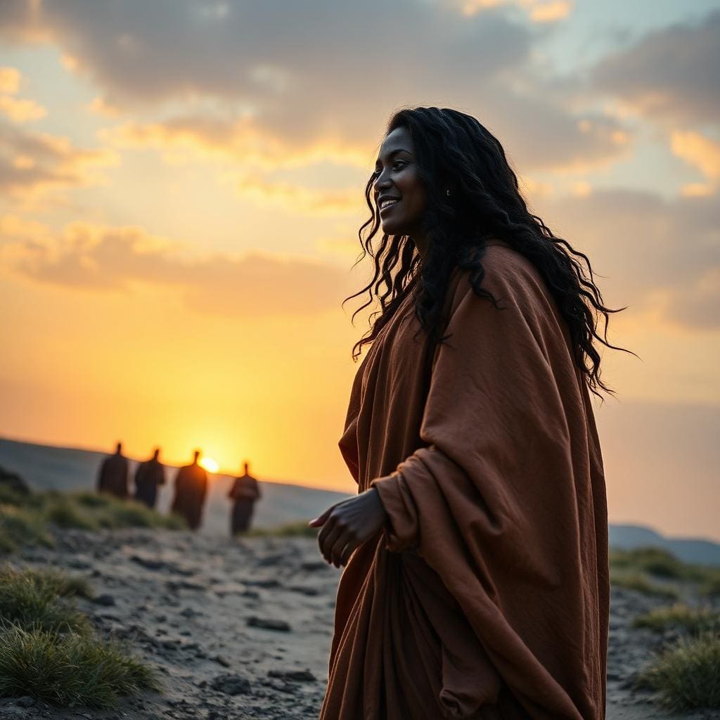 A Black woman in a flowing rust-colored robe smiling as she walks along a hillside path at golden sunset, with silhouettes of figures behind her — representing Mary Magdalene going to tell the disciples, from While You Wait Ministries Hope Point
