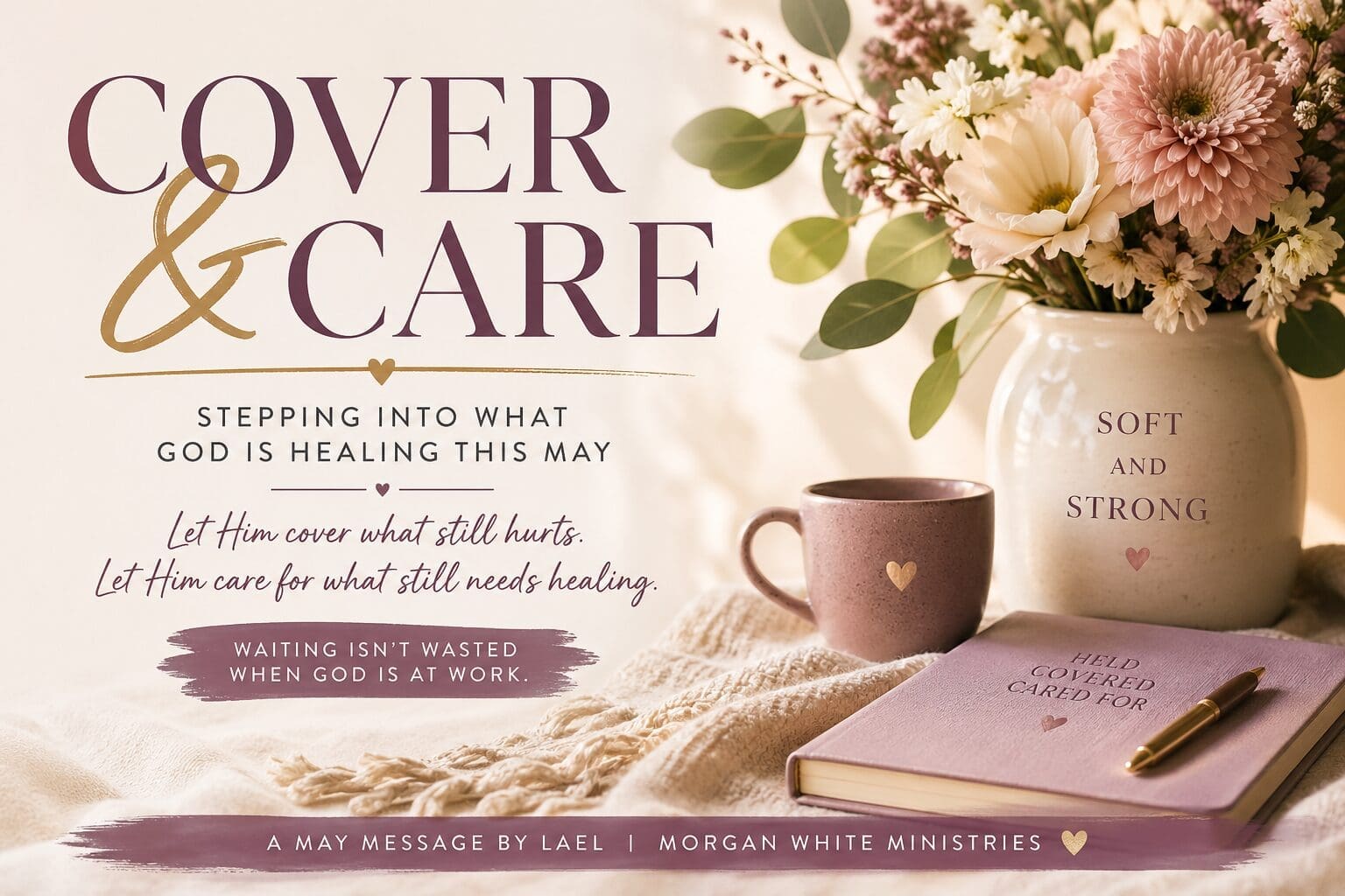 Cover and Care May message graphic with soft floral arrangement, journal, and warm light representing healing, strength, and God’s care