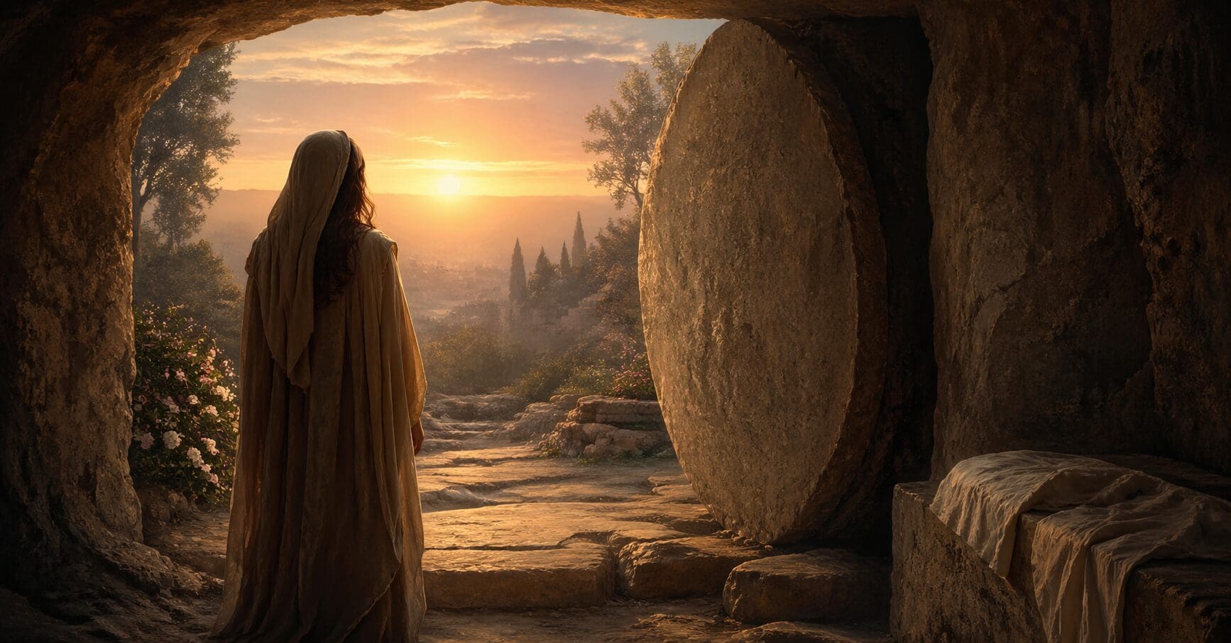 Woman standing at the entrance of an empty garden tomb at dawn, soft golden light breaking through mist, symbolizing resurrection and hope