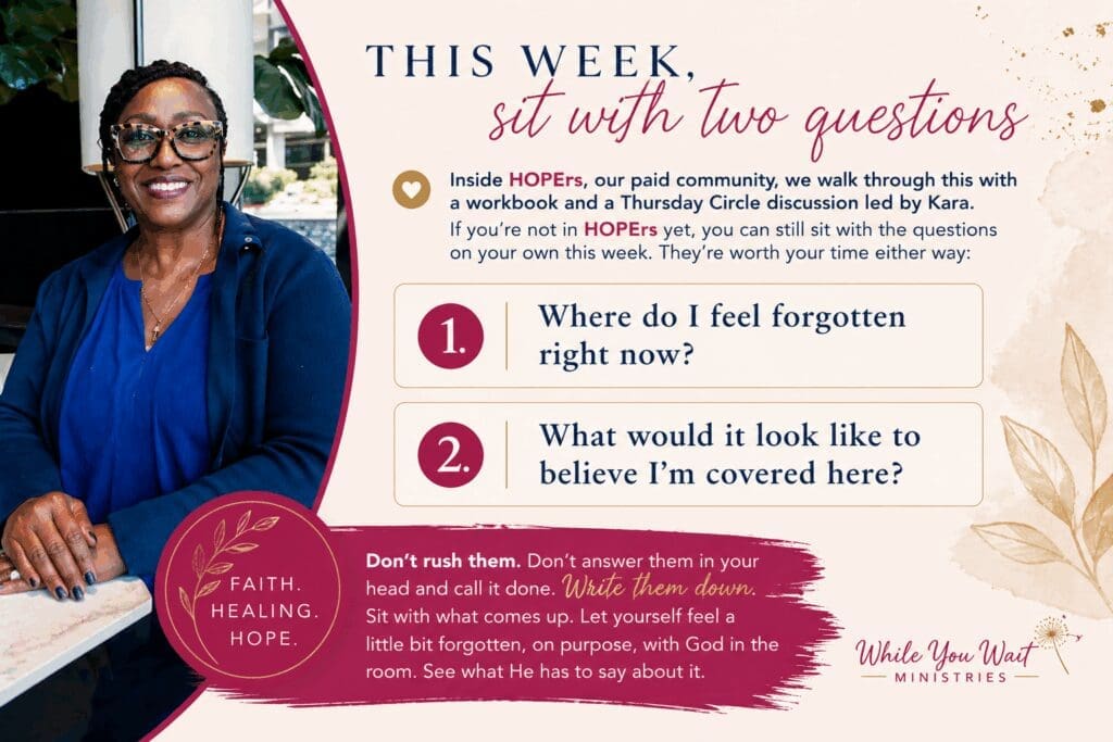 Reflection questions graphic from The Healing Space by Kara asking where do I feel forgotten and what would it look like to believe I am covered