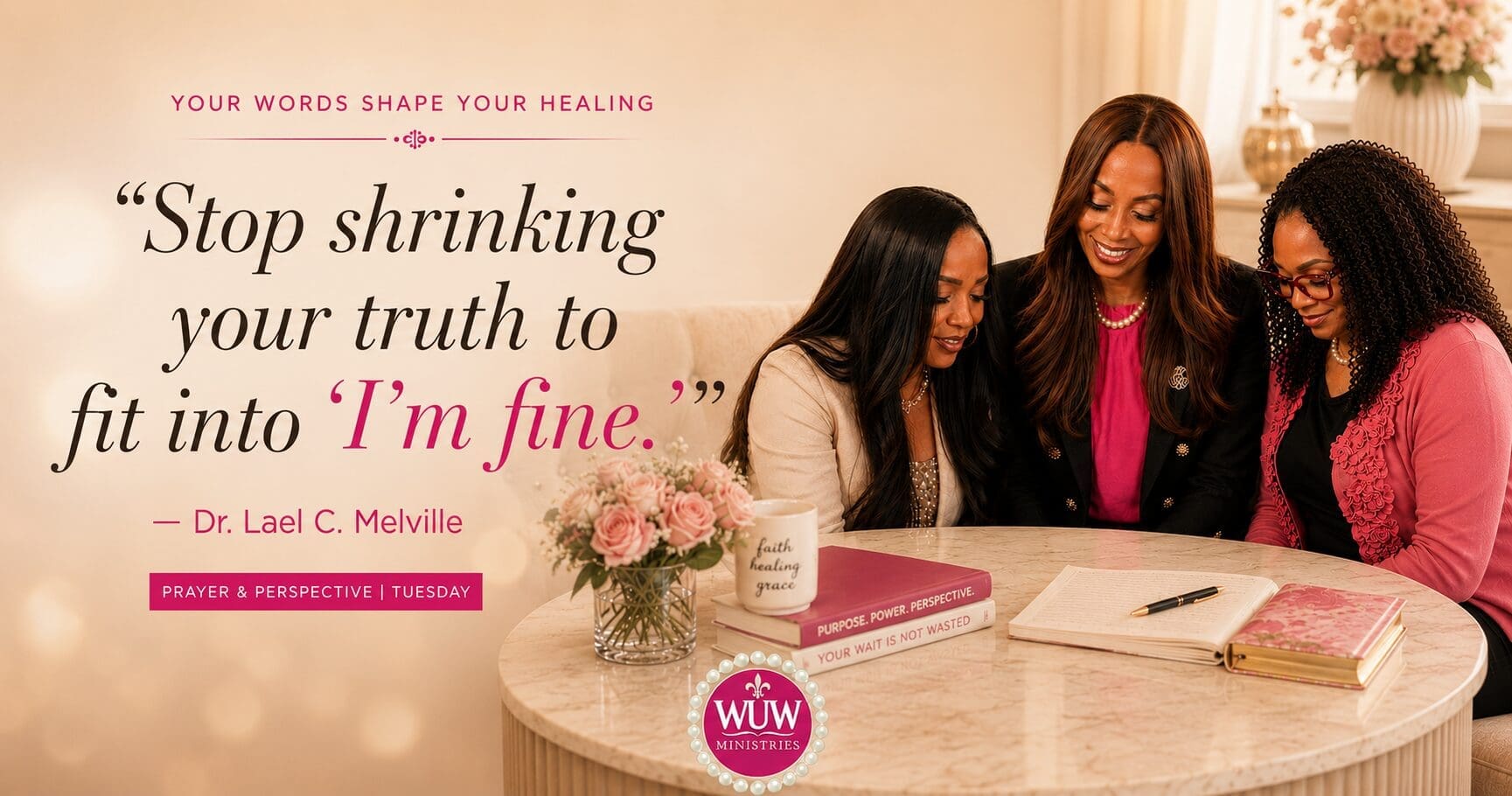 Women from the While You Wait Ministries leadership team gathered together in a warm reflective moment beside the quote “Stop shrinking your truth to fit into ‘I’m fine.’” by Dr. Lael C. Melville.