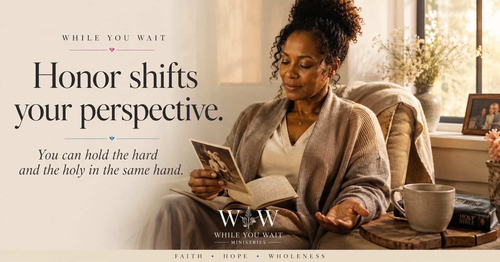 Woman reflecting quietly in warm morning light while holding a photograph and journal, representing honor, gratitude, emotional healing, and perspective.
