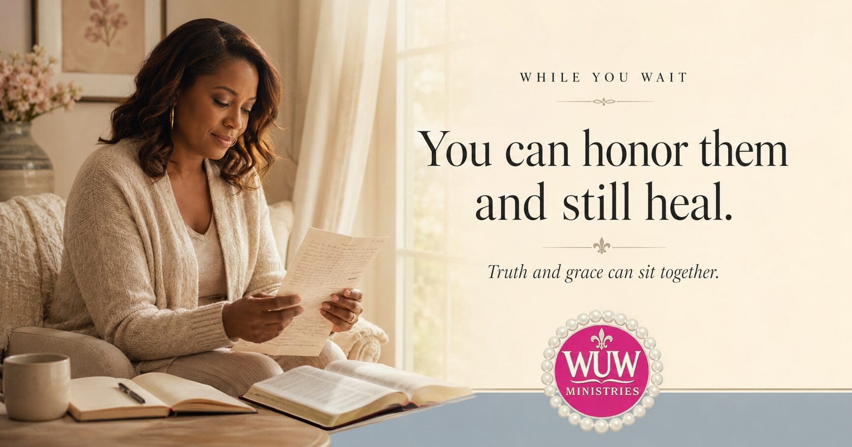 Woman sitting quietly in soft window light holding a journal, reflecting on healing and emotional freedom