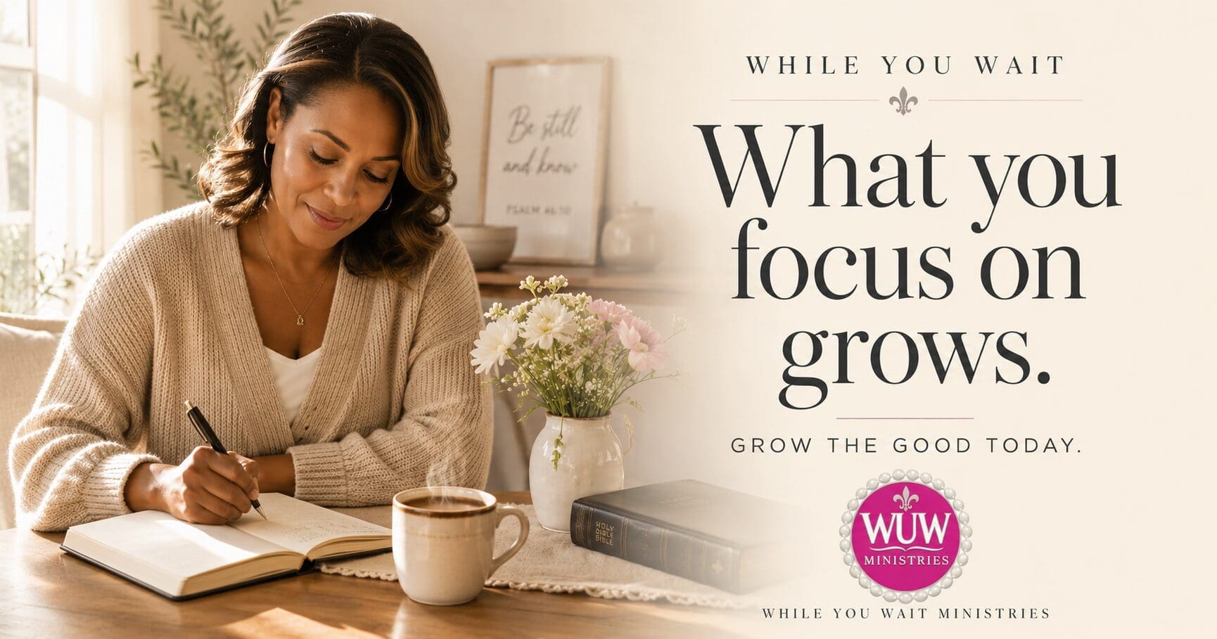 Woman journaling with coffee in soft morning light while reflecting with gratitude