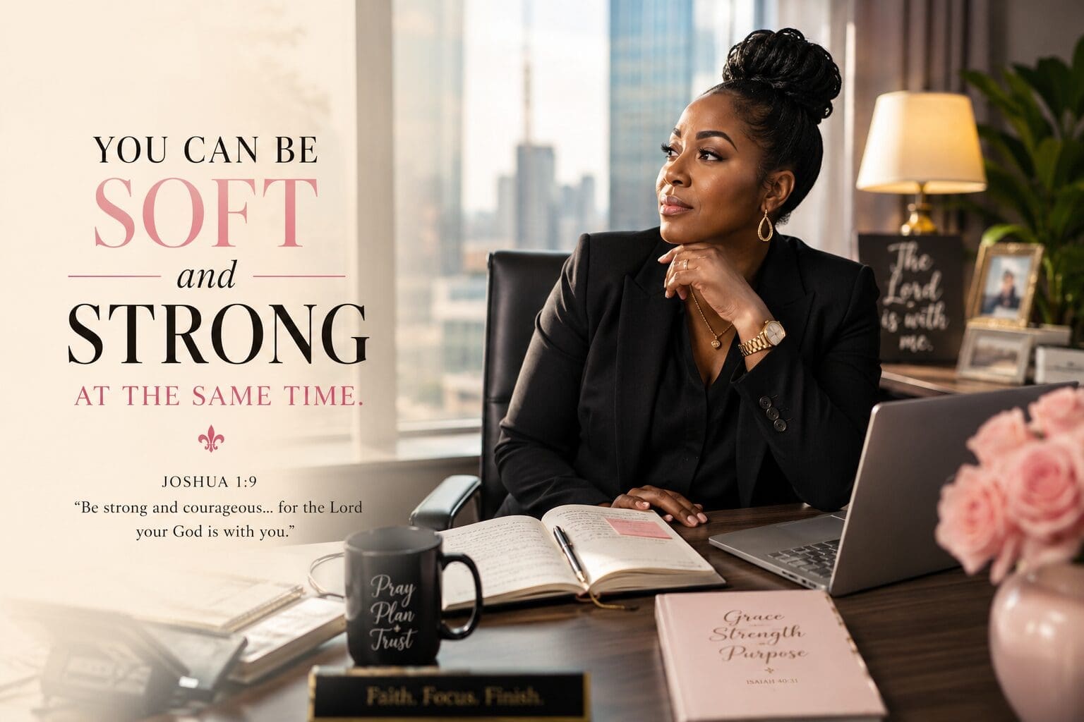 A thoughtful Black woman in a corporate office reflecting quietly beside an open journal and laptop, representing strength and softness through faith.