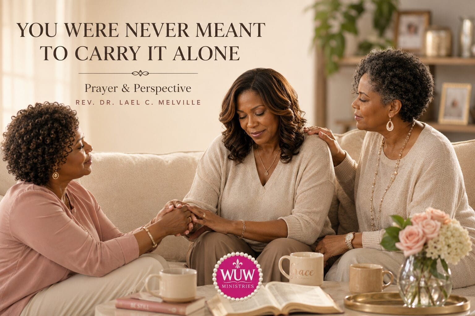 Three Black women supporting one another in a warm and inviting setting, reflecting the truth that help is holy and no one is meant to carry life's burdens alone.