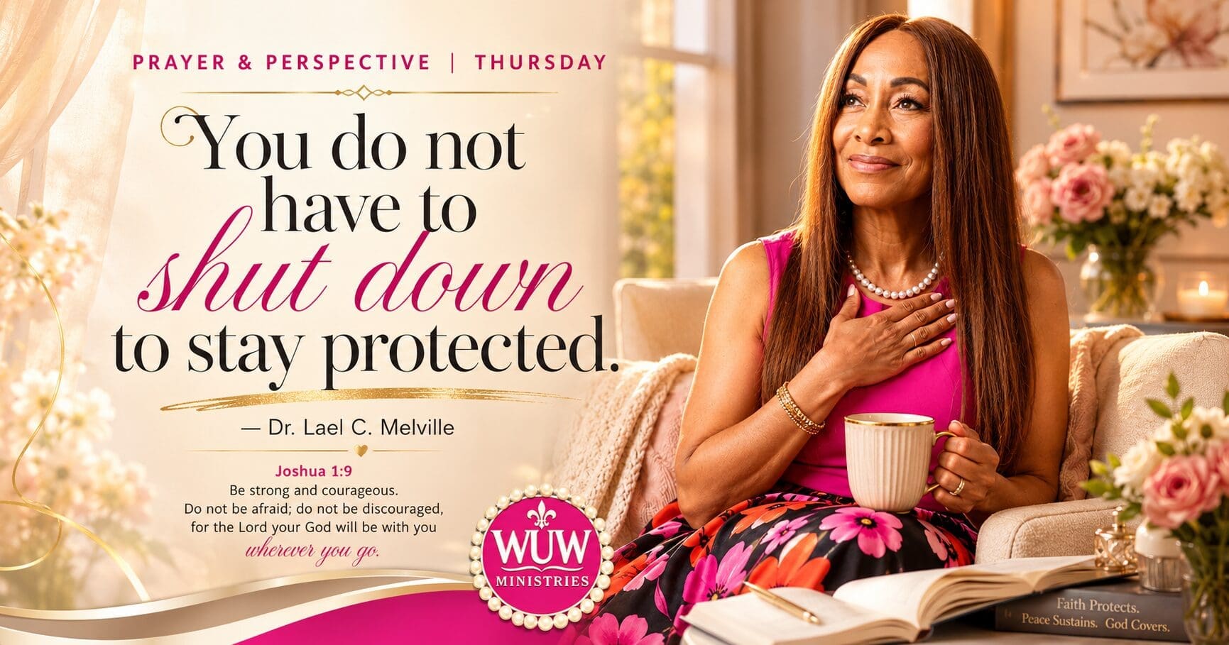 Rev. Dr. Lael C. Melville seated near a glowing window holding a coffee mug in a warm cream-toned room with the quote “You do not have to shut down to stay protected” for While You Wait Ministries Prayer & Perspective Thursday graphic.