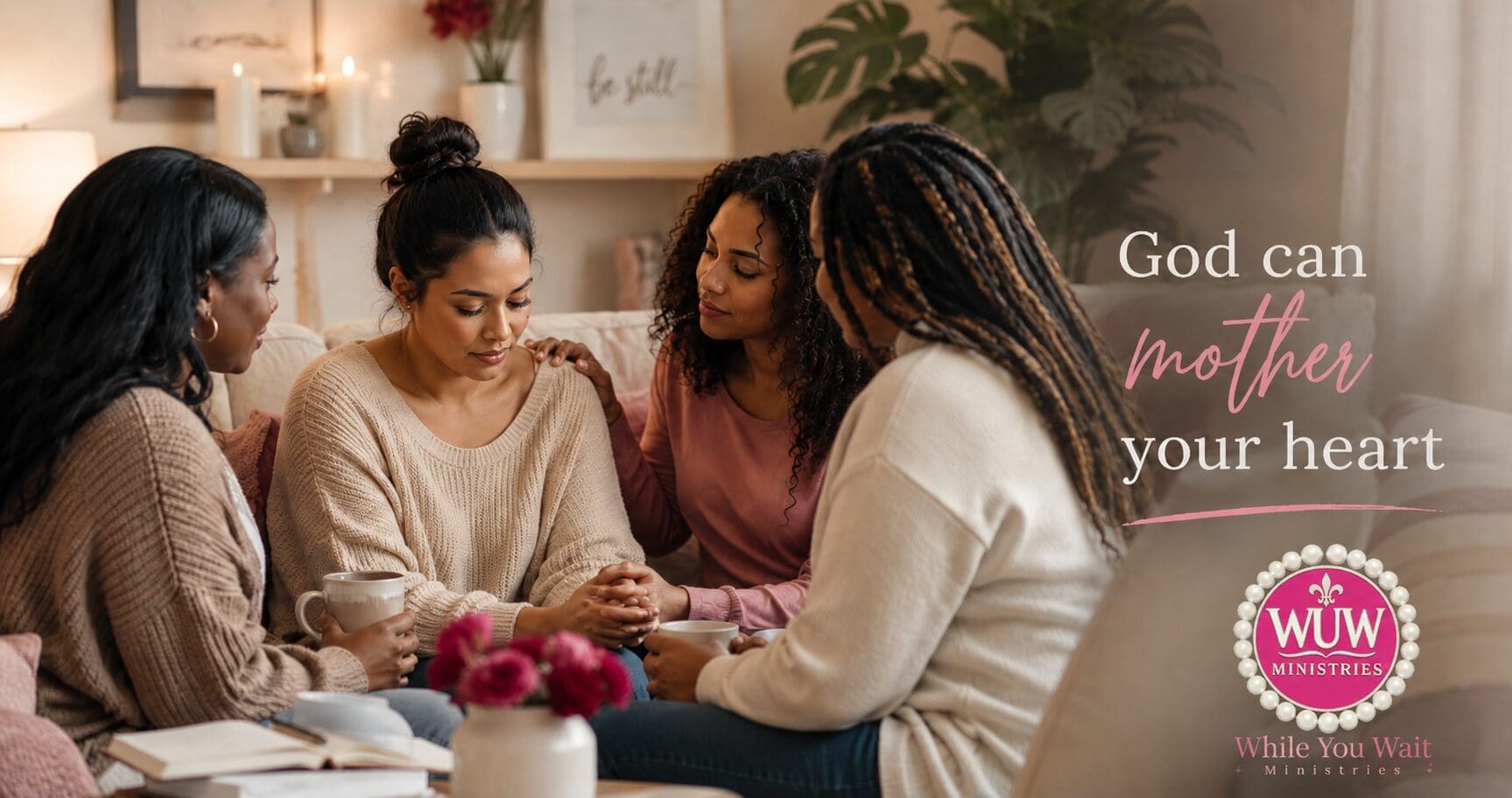 A diverse group of women sitting together in a warm, cozy living room, offering emotional support and prayer, representing community care and God’s nurturing love.