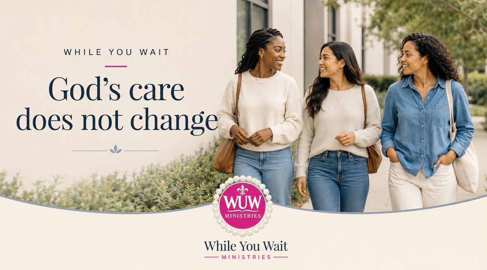 Three diverse women walking side by side in a calm outdoor setting, representing steady support and consistent care.