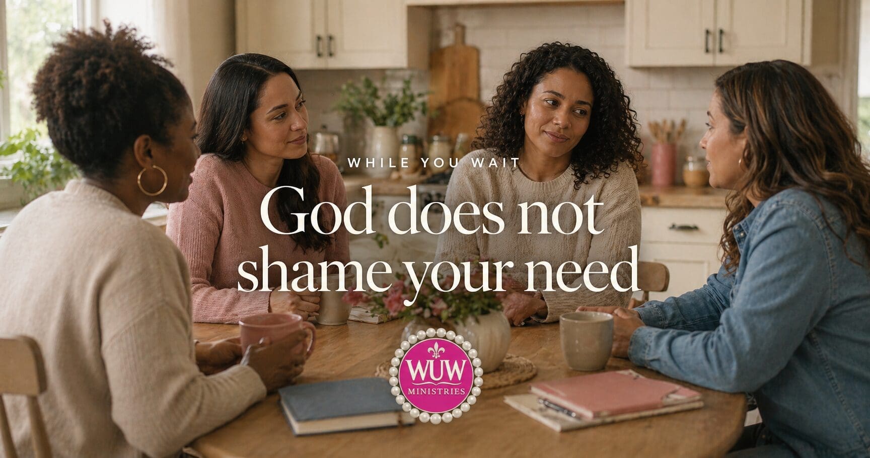 A diverse group of women sitting together at a kitchen table, listening with care as one shares vulnerably. The image reflects emotional safety, support, and being seen without judgment.