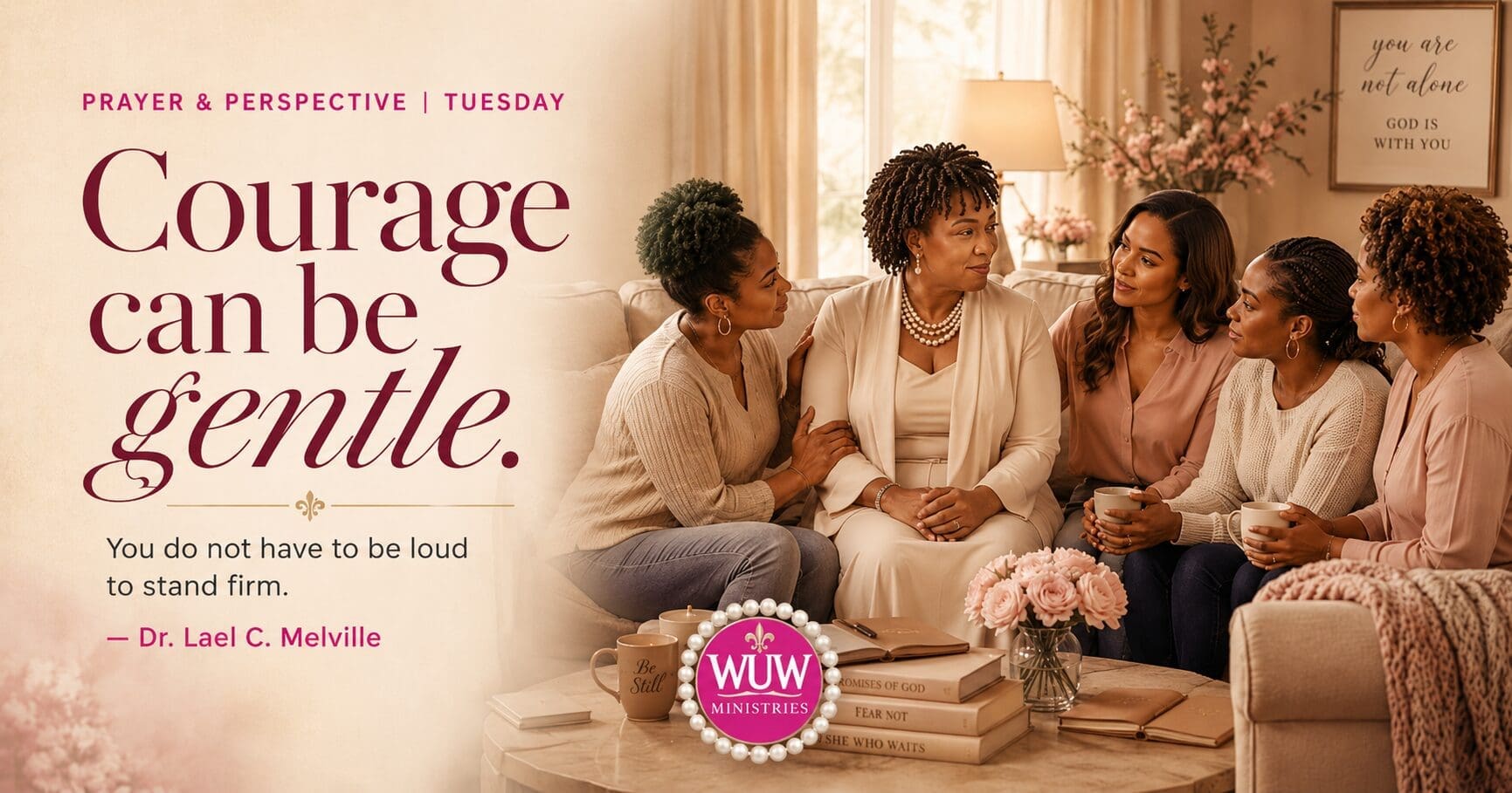Black and brown women gathered together in a warm living room with Rev. Dr. Lael C. Melville for While You Wait Ministries Prayer & Perspective Tuesday feature image about gentle courage and community.