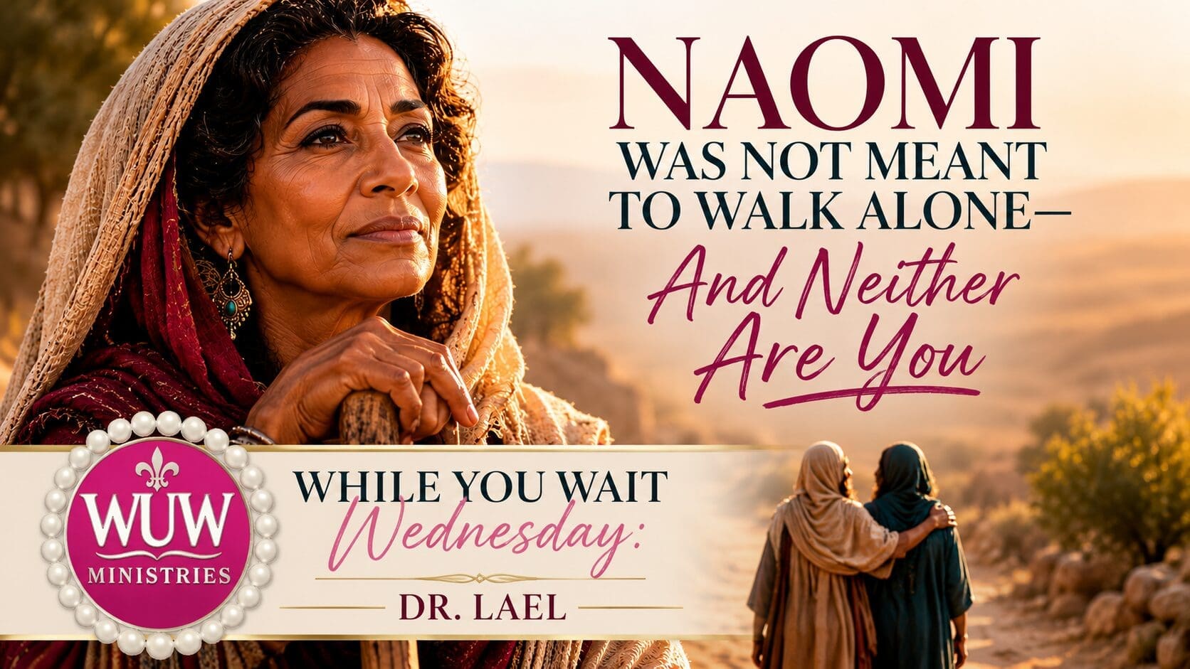 A Middle Eastern woman representing Naomi stands thoughtfully in a warm desert landscape while two women walk together in the distance, symbolizing faith, grief, and companionship.