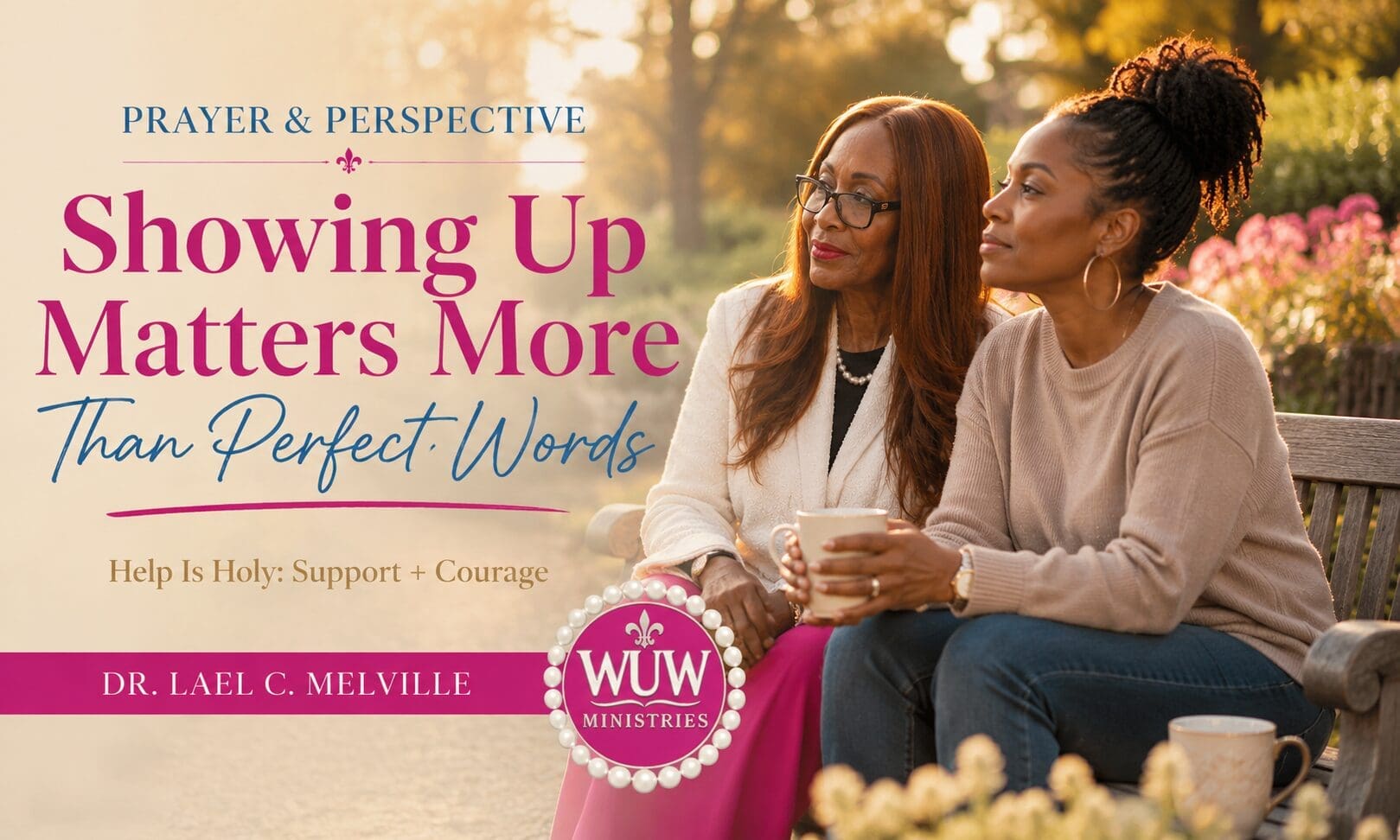 Rev. Dr. Lael C. Melville gathered with a diverse group of women in a peaceful outdoor courtyard, sharing friendship, prayer, and community during golden hour, illustrating the power of faithful support and connection.