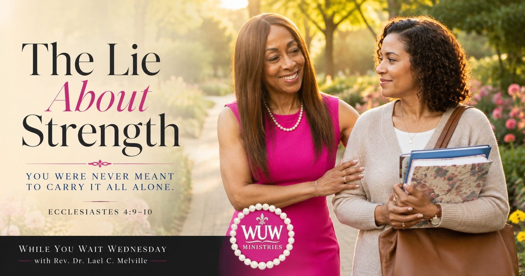Rev. Dr. Lael C. Melville walking alongside another woman on a garden path, illustrating God's design for support, community, and the strength found in not carrying life's burdens alone.