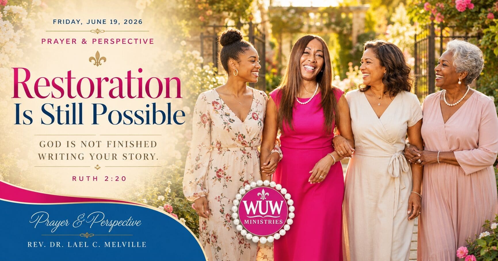 Rev. Dr. Lael C. Melville walking with women through a flourishing garden, symbolizing hope, restoration, community, and God's continuing faithfulness.