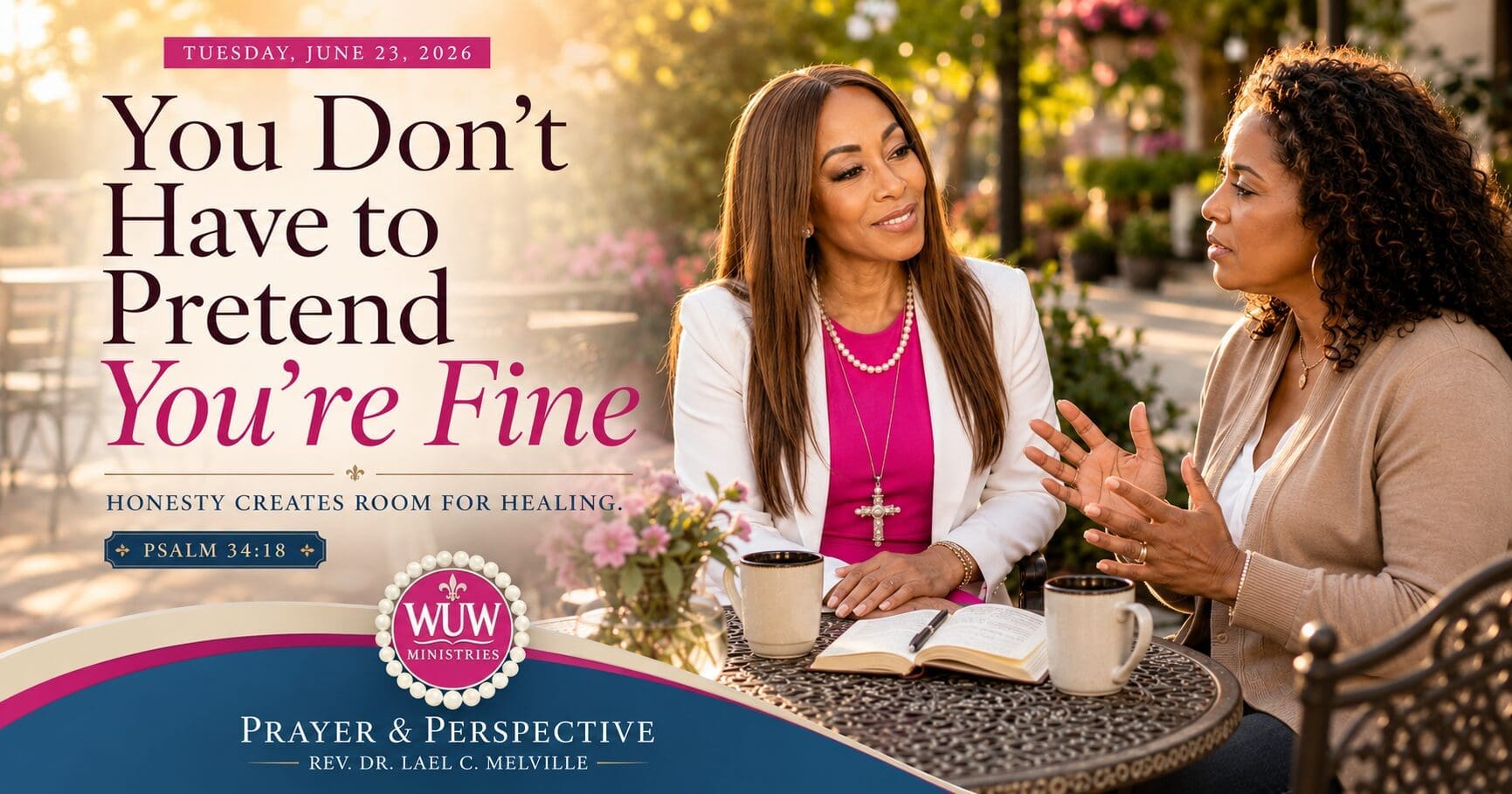 Rev. Dr. Lael C. Melville listening attentively to another woman in a peaceful garden café, illustrating honesty, healing, and the power of safe community.