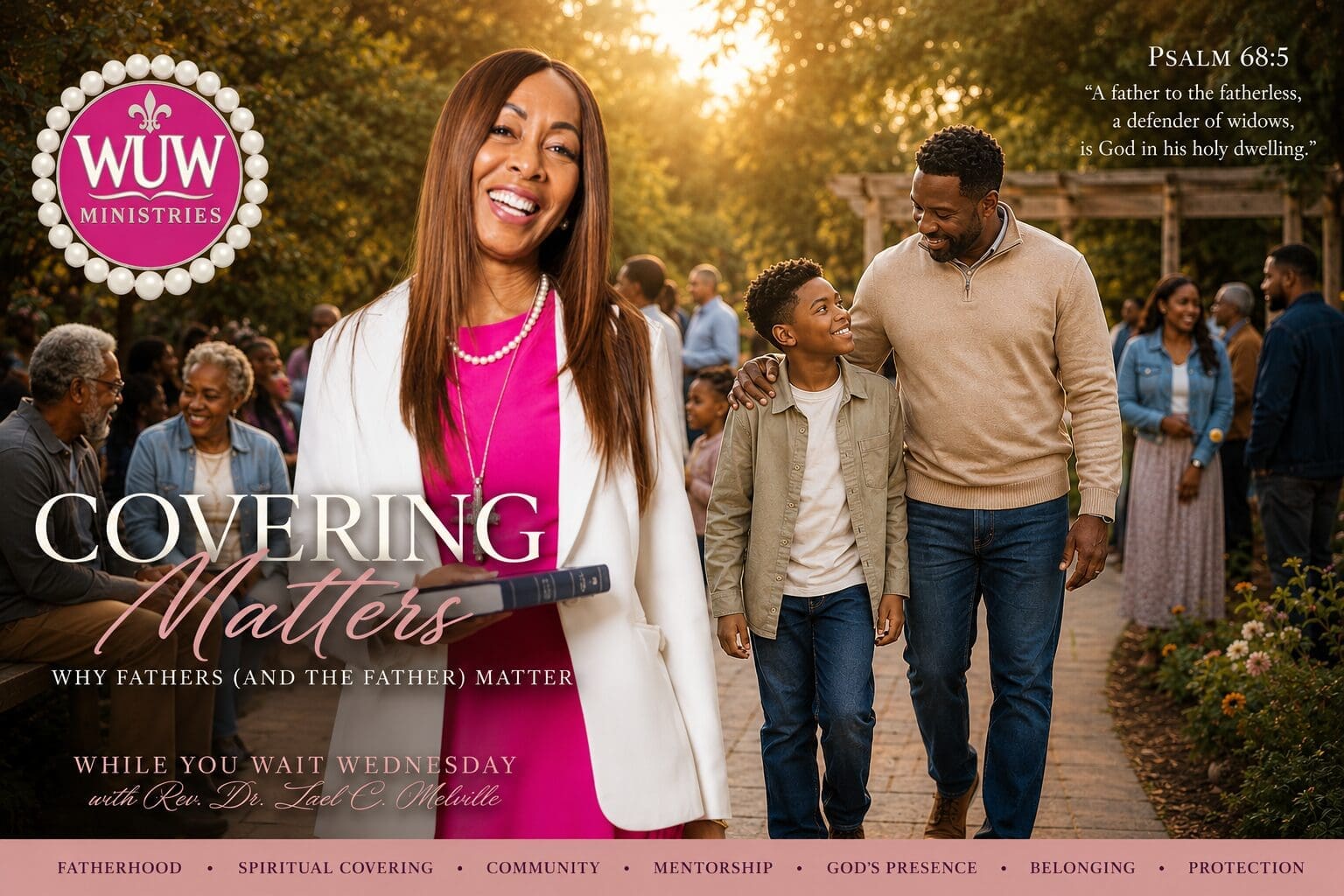 Rev. Dr. Lael C. Melville stands in a community garden during golden hour while a father and son walk together nearby, illustrating spiritual covering, mentorship, and God's faithful presence.