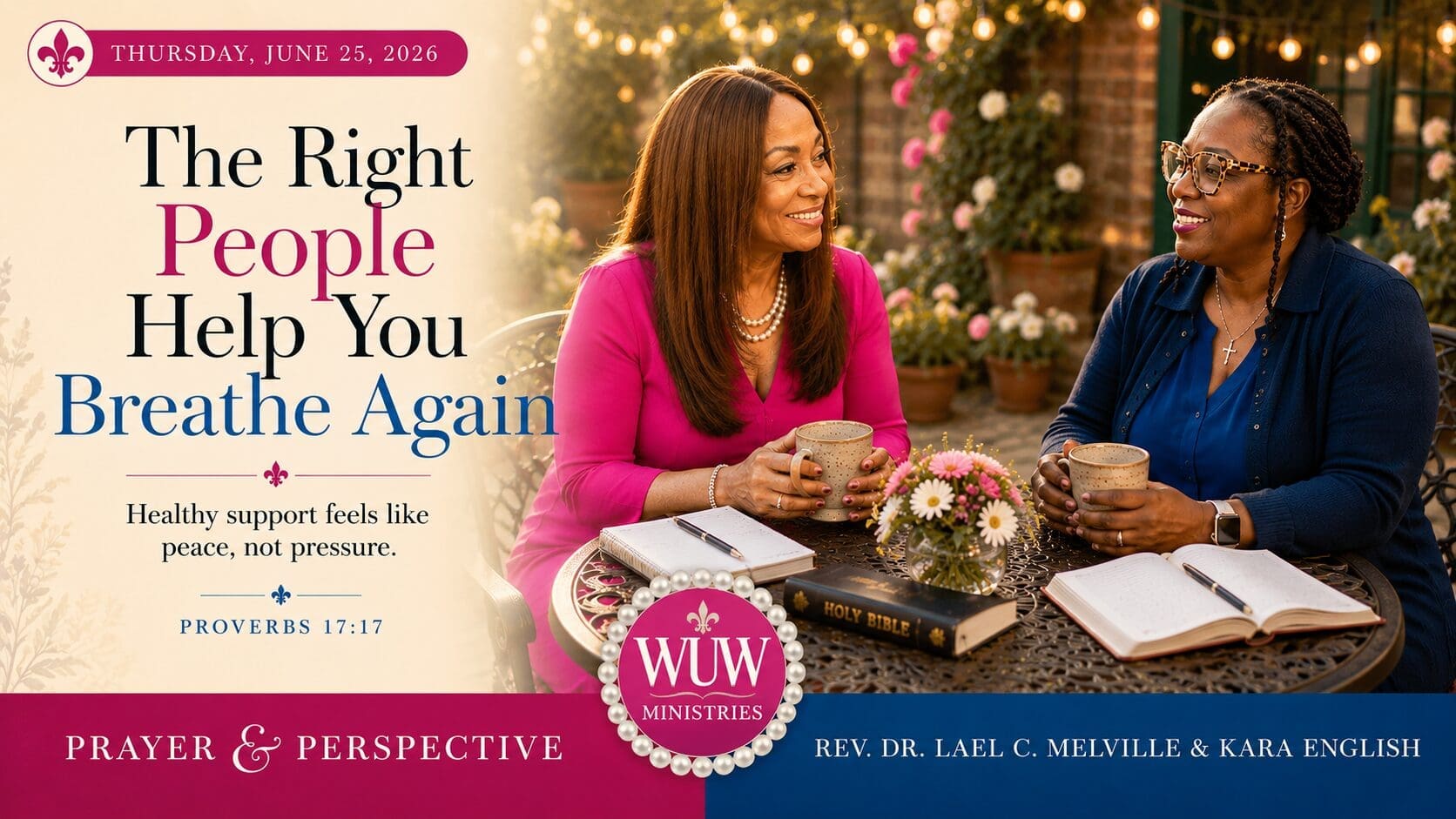 Rev. Dr. Lael C. Melville and Kara English sit together in a garden courtyard discussing healing, healthy relationships, and safe community for The Healing Space.