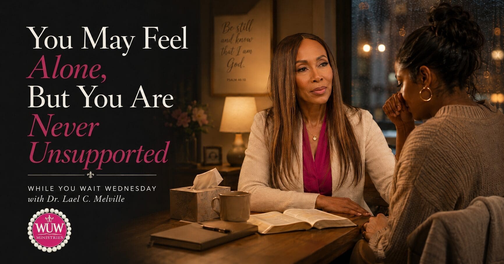 Rev. Dr. Lael C. Melville comforting a woman during a conversation about support, faith, and community. While You Wait Wednesday featured image with the message, "You May Feel Alone, But You Are Never Unsupported."