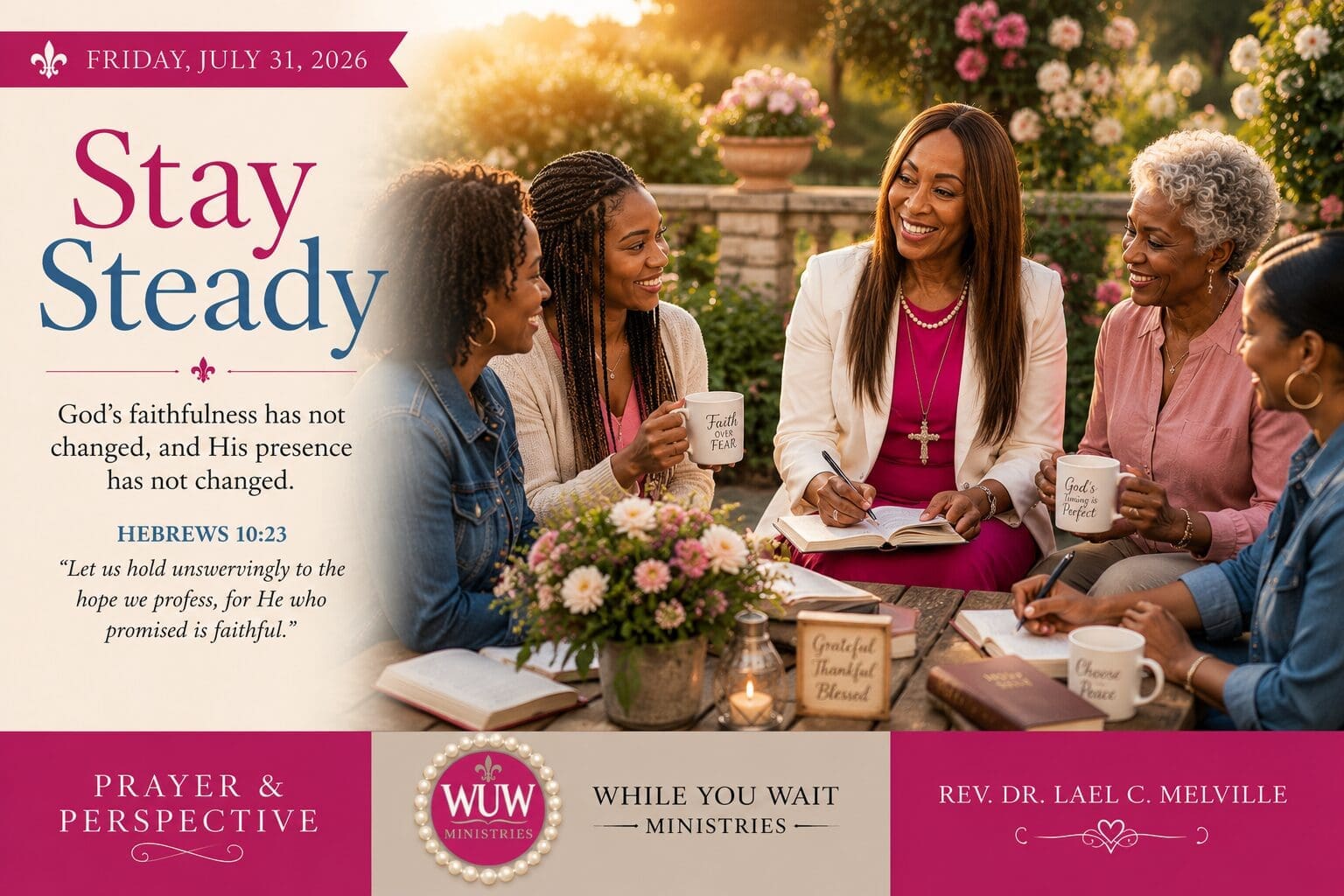 Rev. Dr. Lael C. Melville gathers with a diverse community of women in a sunlit botanical garden, reflecting on God's faithfulness, journaling, and encouraging one another as July comes to a close. Featured image for the July 31, 2026 Prayer & Perspective devotional.