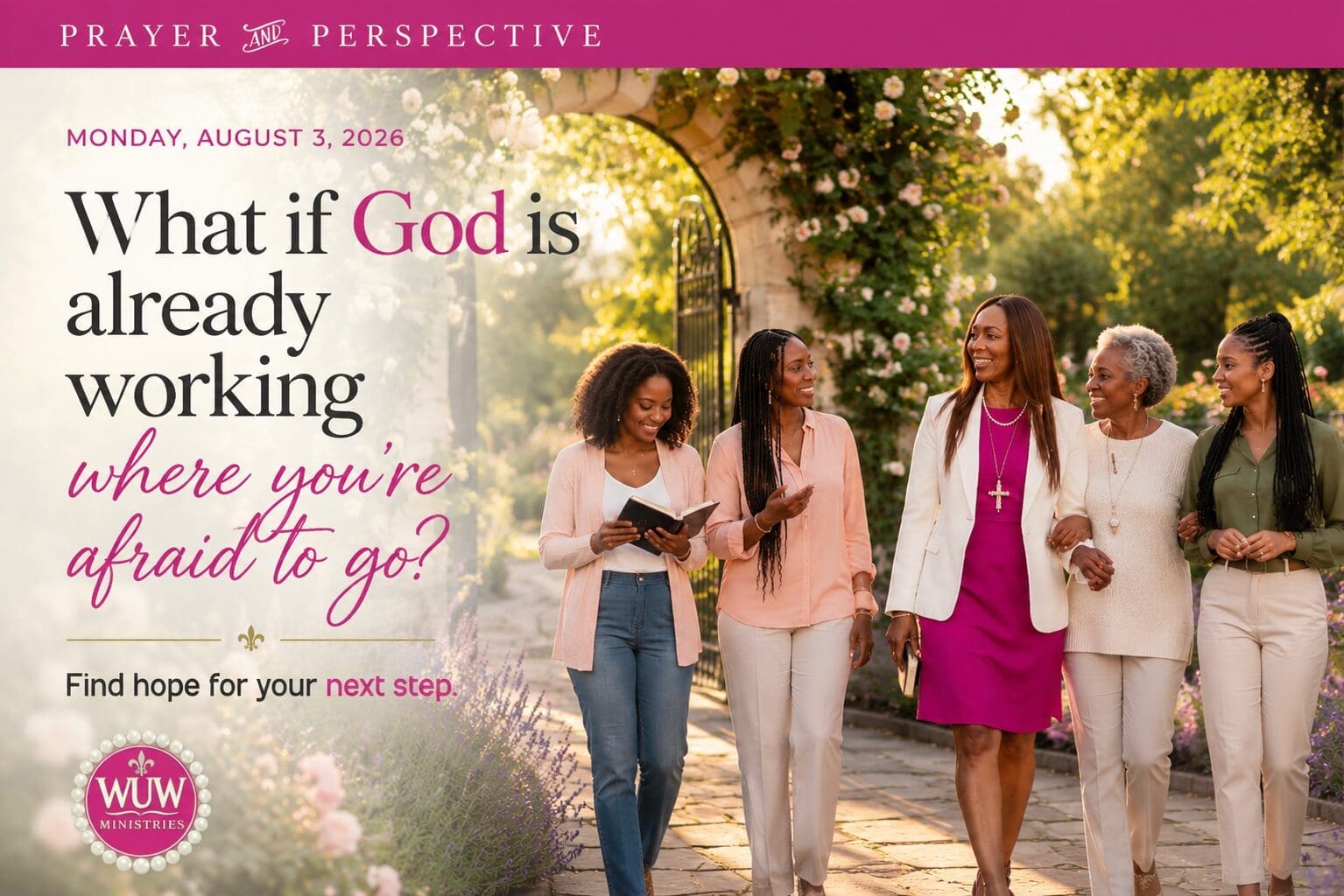 Rev. Dr. Lael C. Melville smiles with four women in a beautiful botanical garden, encouraging them as they begin a journey of trusting God one faithful step at a time during the Prayer & Perspective devotional.