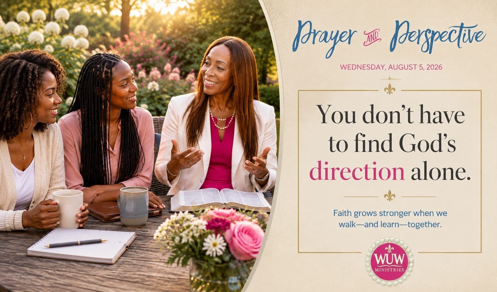 Rev. Dr. Lael C. Melville leads a small group of women in conversation and Bible study in a peaceful garden, encouraging them to seek God's direction together during While You Wait Wednesday.