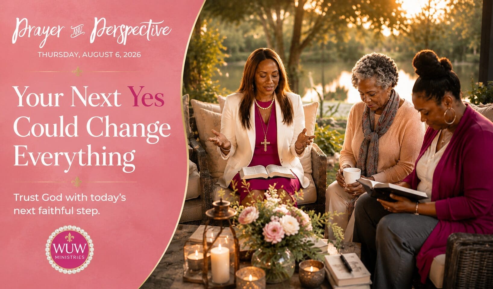 Rev. Dr. Lael C. Melville gathers with women for Bible study and prayer on a peaceful lakeside porch, encouraging them to trust God through faithful obedience one step at a time.