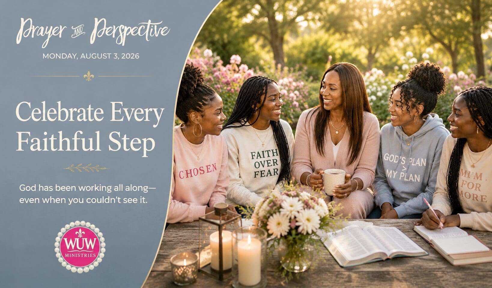 Rev. Dr. Lael C. Melville celebrates God's faithfulness with a diverse group of women gathered around a garden table, sharing conversation, prayer, and gratitude during the Prayer & Perspective devotional.