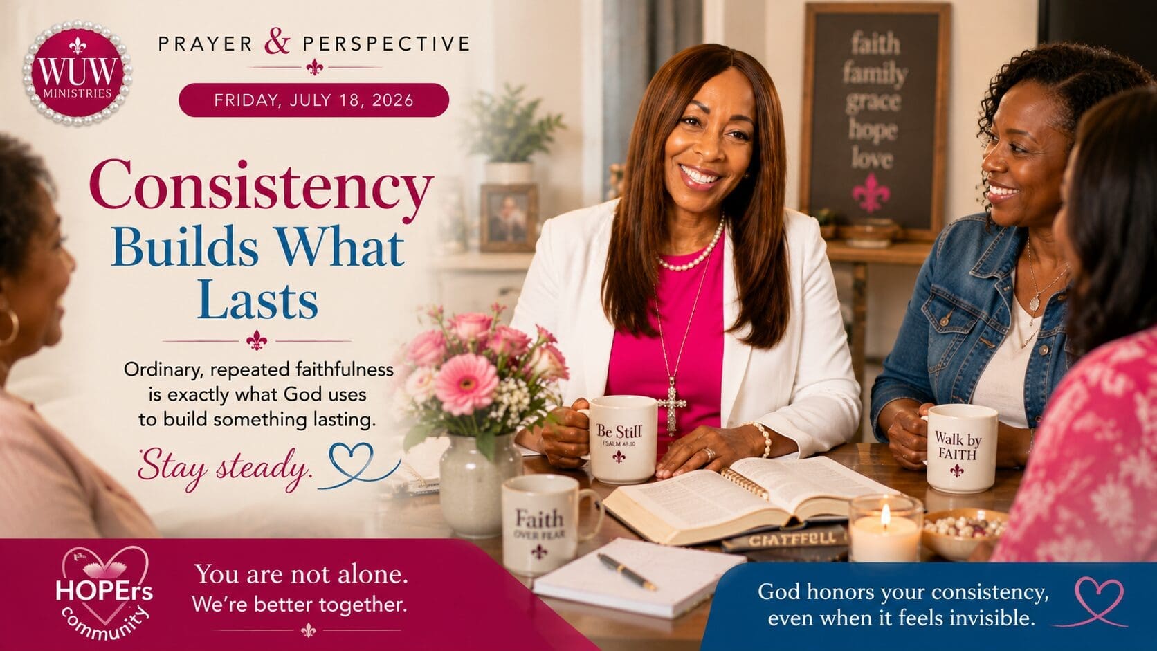 Rev. Dr. Lael C. Melville gathered with women around a table in community, encouraging faithful consistency, friendship, and spiritual growth through Prayer & Perspective.