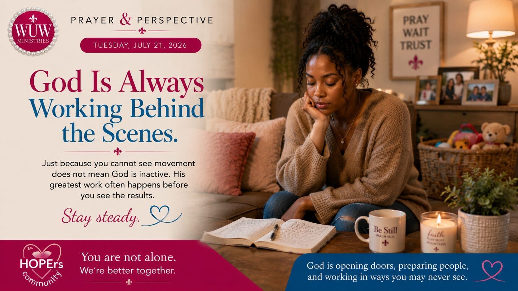 A young mother sits alone in her living room, reflecting and trusting God during a difficult season. Family photos and children's toys in the background quietly symbolize the unseen work of God and the responsibilities she carries.