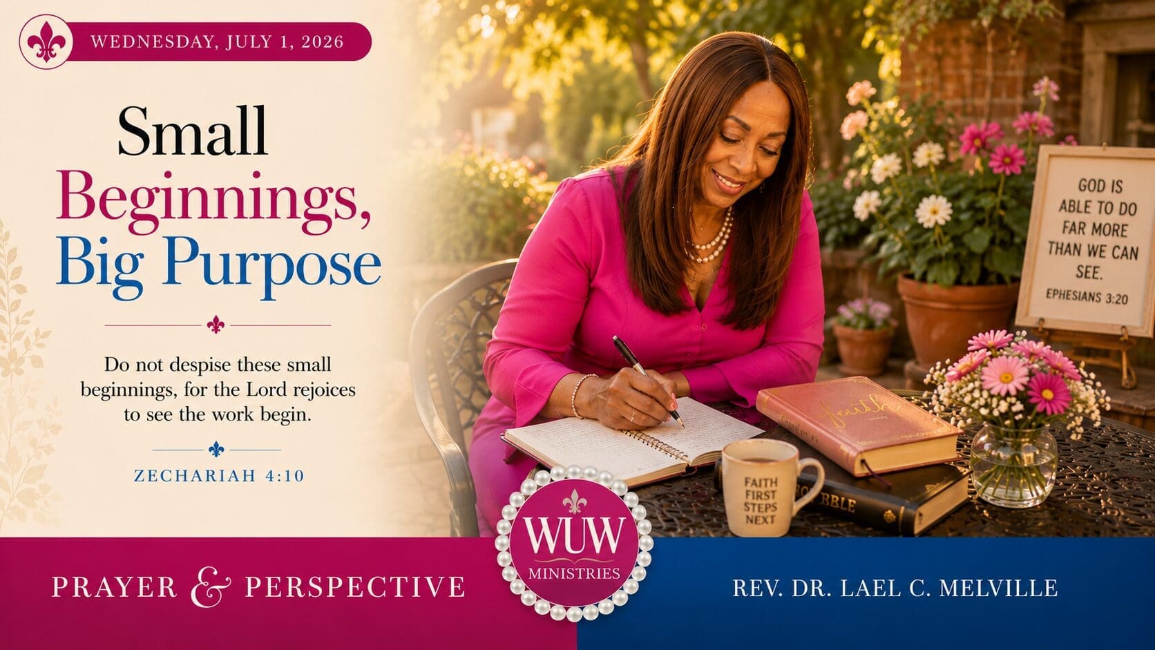 Rev. Dr. Lael C. Melville sits in a peaceful garden writing in her journal, symbolizing faith, courage, and trusting God with small beginnings.