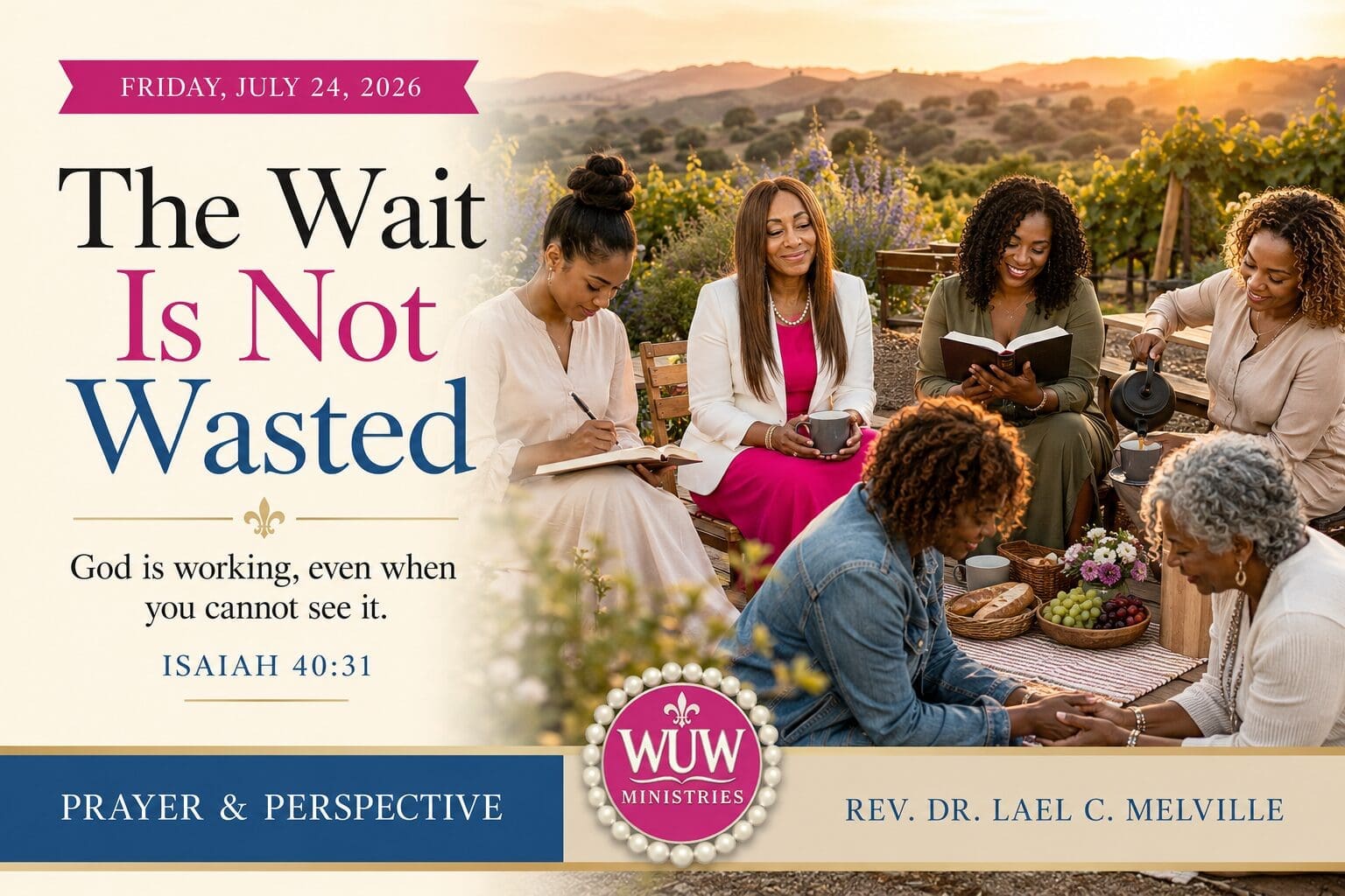 Rev. Dr. Lael C. Melville sits with a diverse group of women in a peaceful vineyard at sunset, sharing prayer, Scripture, and fellowship while reflecting on God's faithfulness during seasons of waiting.