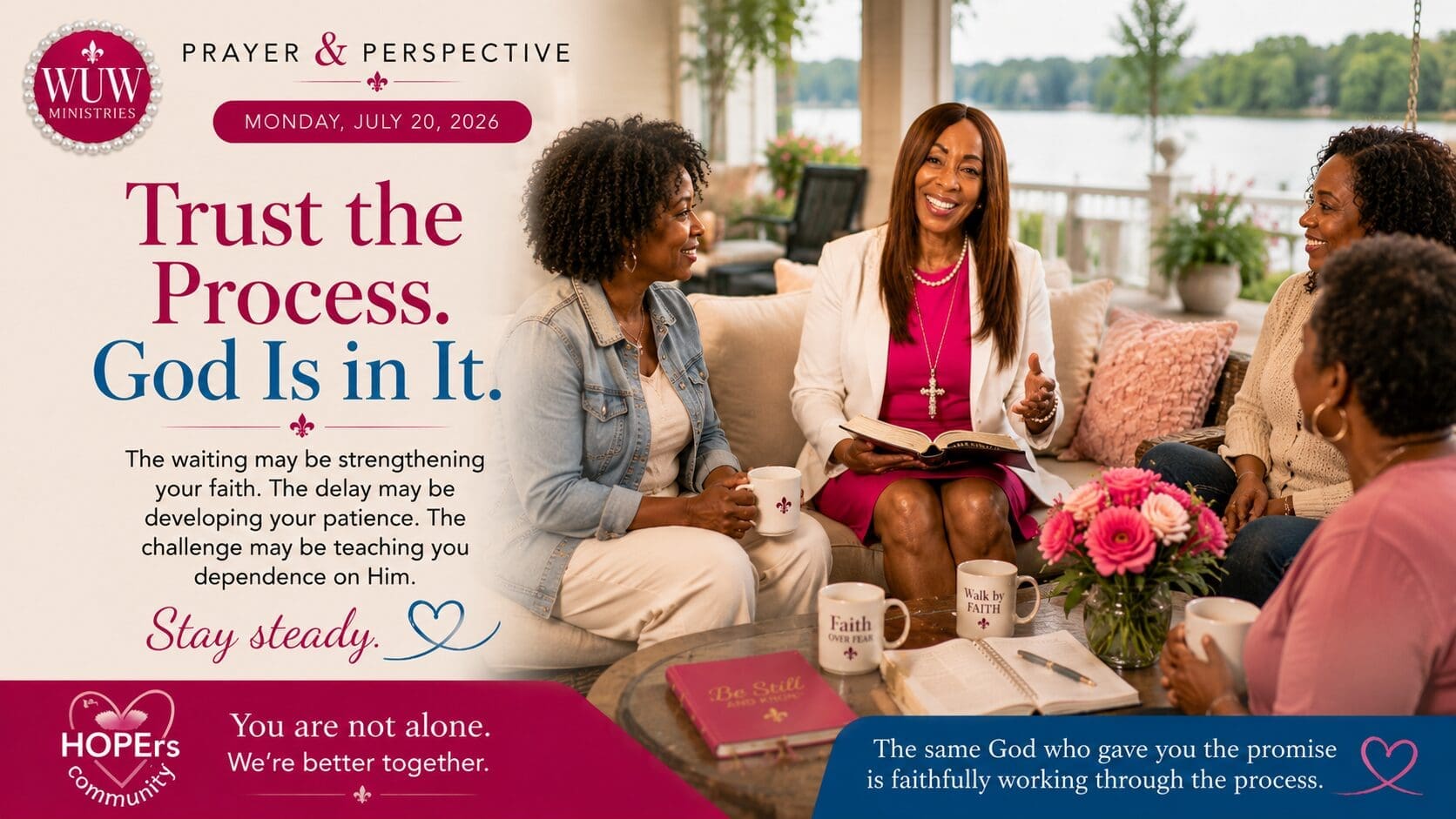 Rev. Dr. Lael C. Melville gathered with a diverse group of women on a lakeside porch, encouraging one another through conversation, faith, and community during a Prayer & Perspective devotional about trusting God's process.