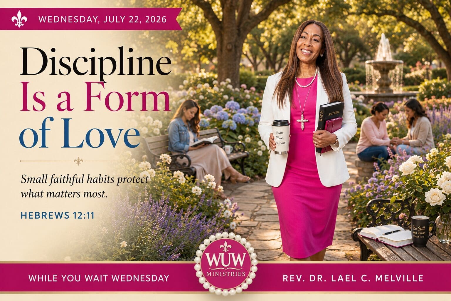 Rev. Dr. Lael C. Melville walks through a peaceful botanical garden at golden hour carrying a Bible, journal, and coffee as the message "Discipline Is a Form of Love" reminds believers that small faithful habits protect what matters most.