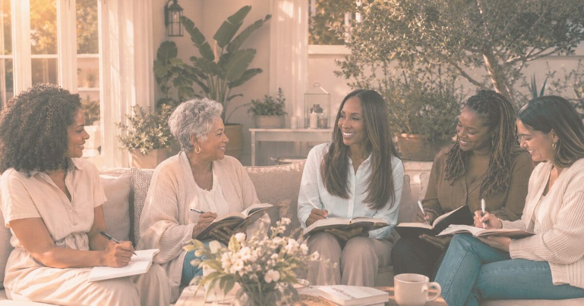 An older and younger woman reading together, one generation pouring into another, for the Prayer & Perspective devotional "God Can Handle Your Questions"