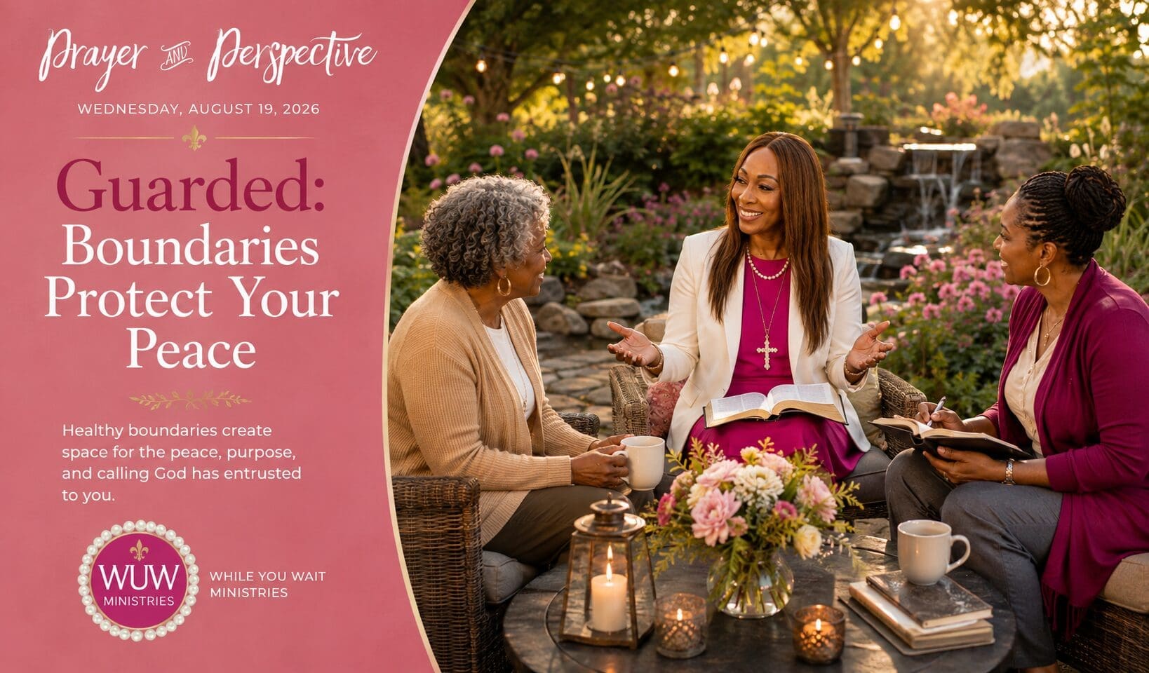Rev. Dr. Lael C. Melville sits at the center of a small group of women gathered in a peaceful garden, leading a Bible discussion about healthy boundaries and God's peace. The featured image highlights the While You Wait Wednesday theme, "Guarded: Boundaries Protect Your Peace."